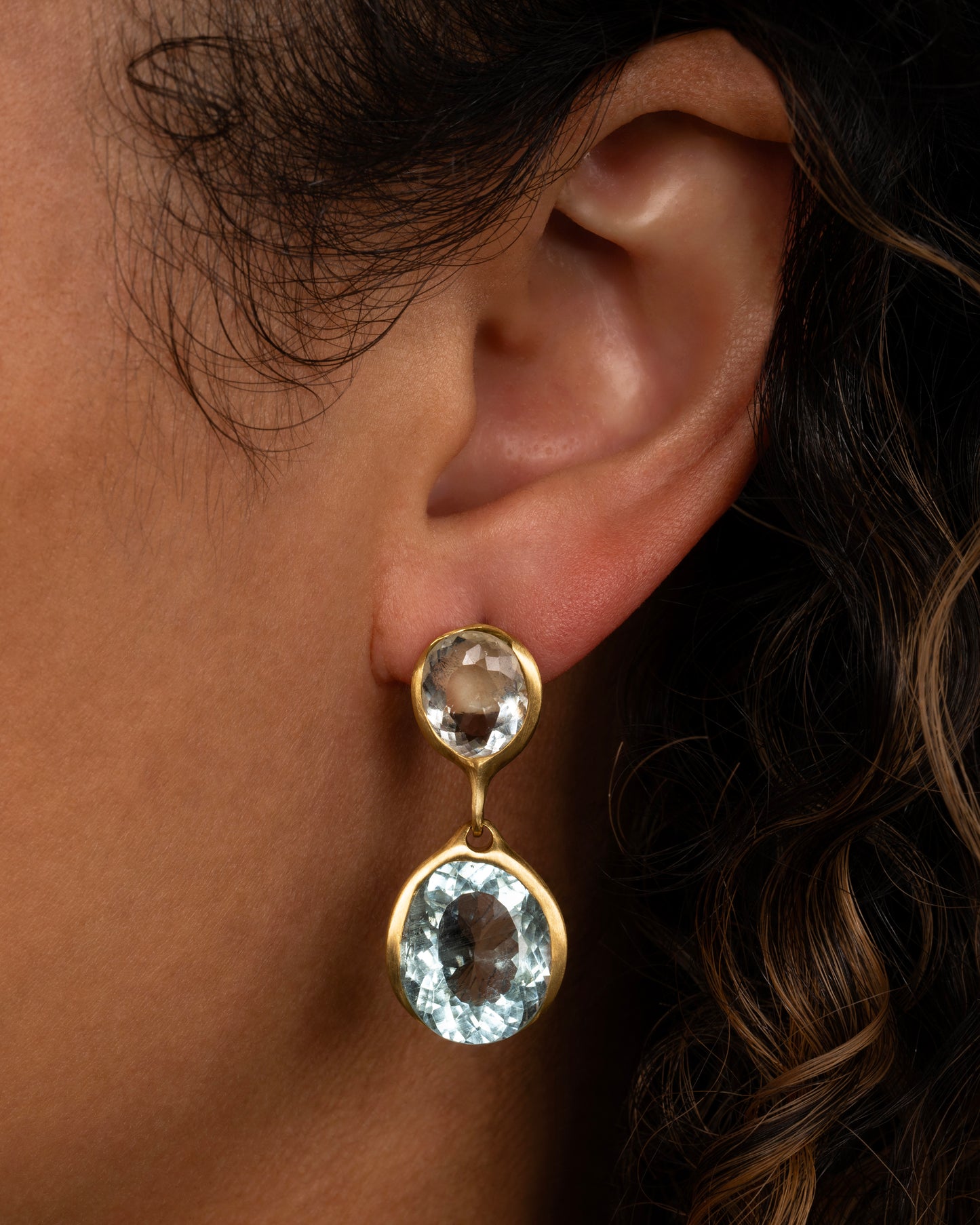 Yellow gold aquamarine stud double drops. Shown on an ear.