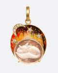 A yellow gold pendant with a sleeping hand carved quartz fox and a vivid hand painted enamel sky with diamond studded stars and a crescent moon. Shown from the front.