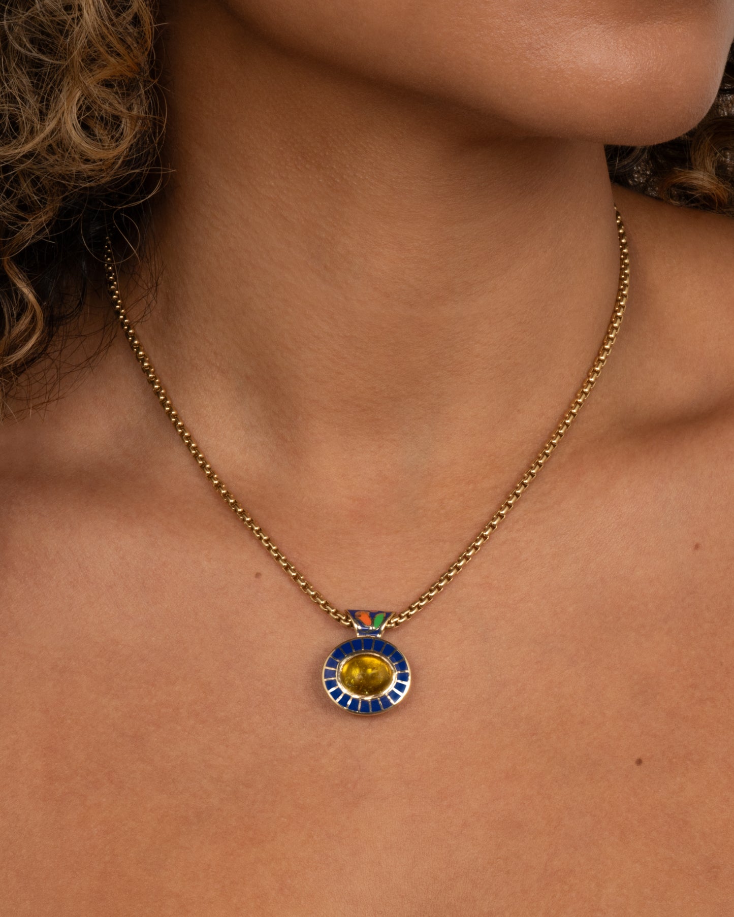 Yellow Tourmaline and Enamel Pendant Necklace