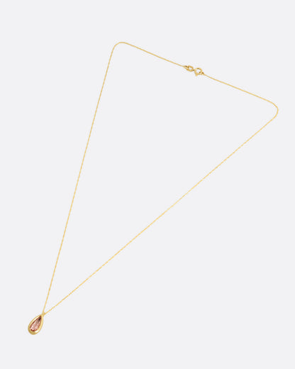 A yellow gold necklace with a bezel set teardrop shaped Imperial Topaz,shown from the front.