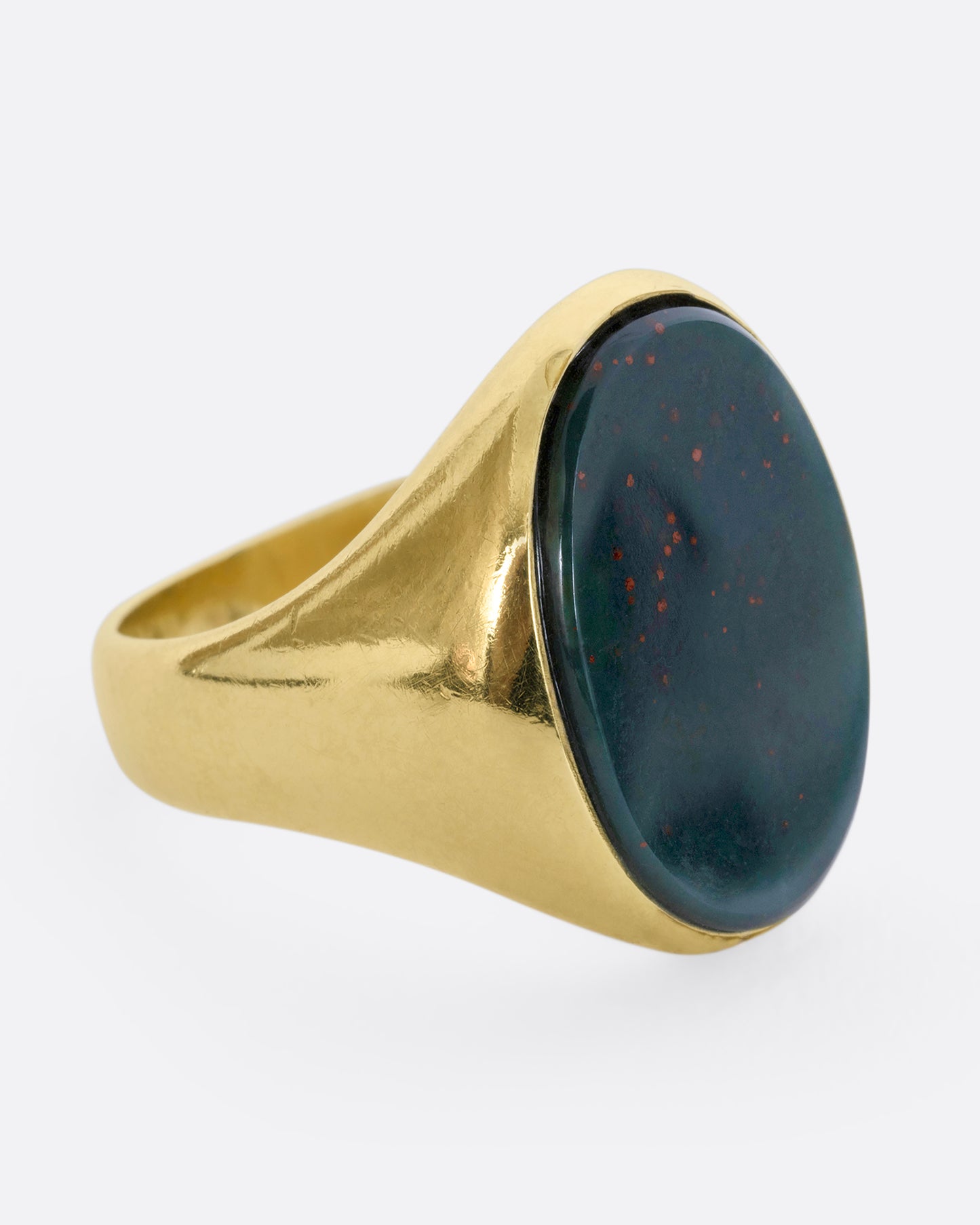 A yellow gold bloodstone signet ring. View from the alternate side.