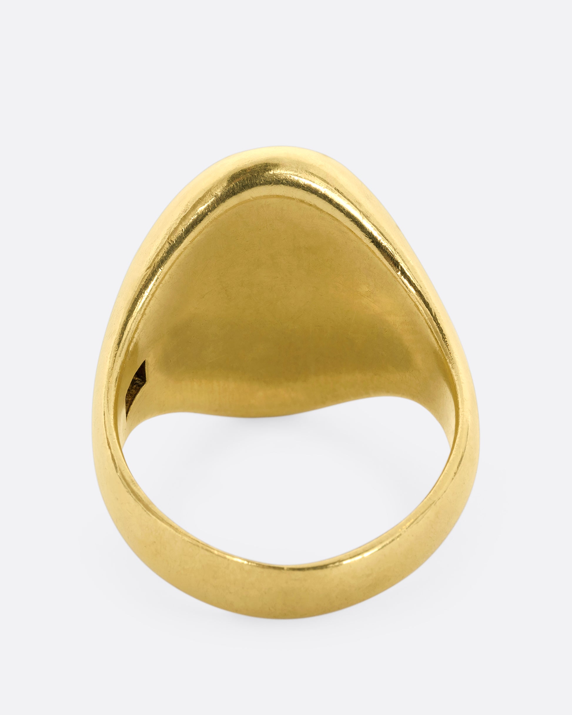 A yellow gold bloodstone signet ring. View from the back.