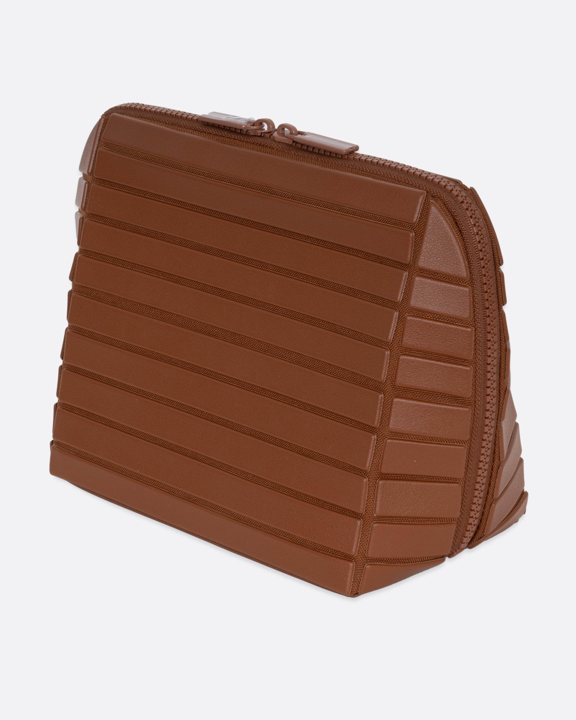 A brown textured rectangular pouch, shown from the side.