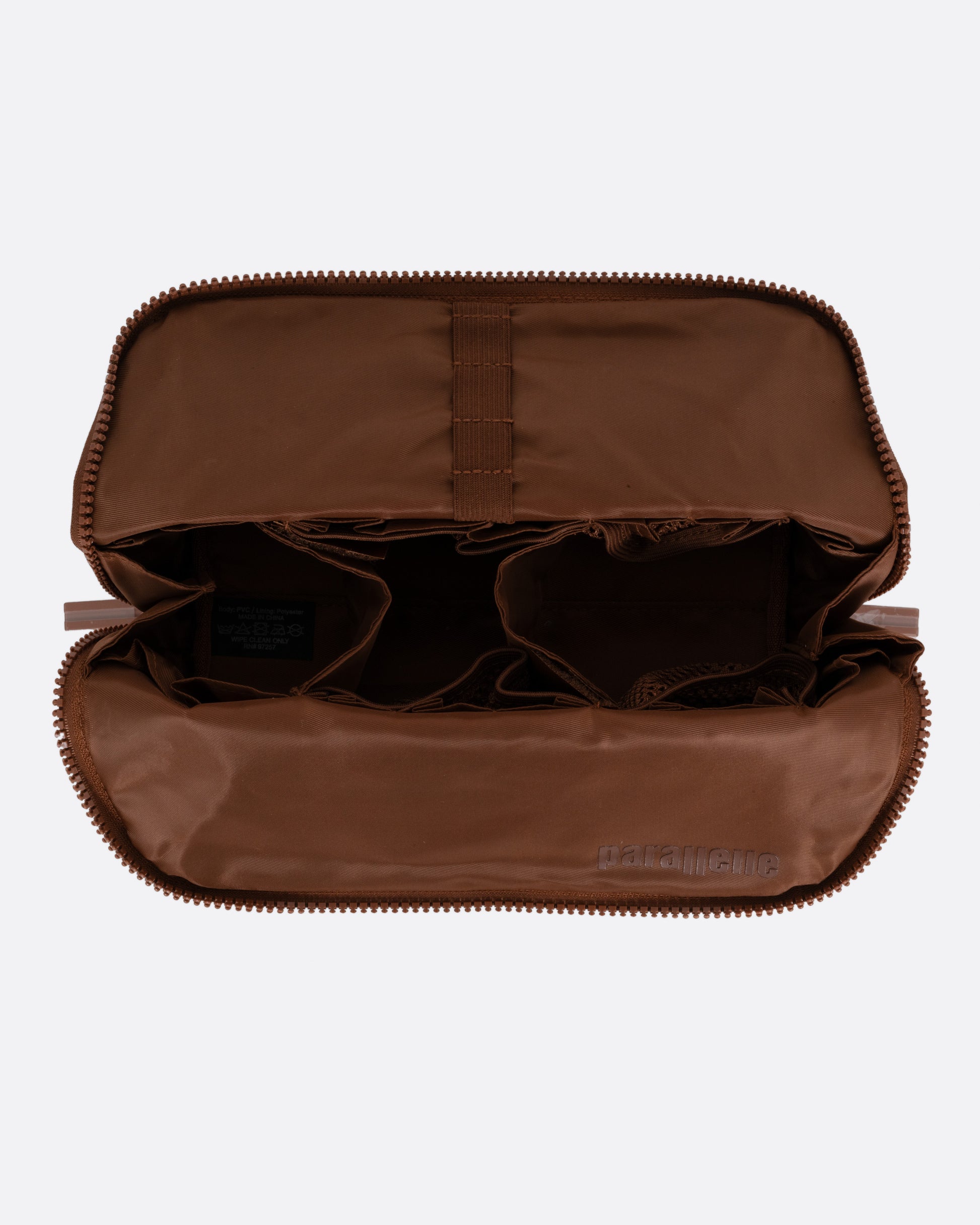 A brown textured rectangular pouch, shown from the top open.