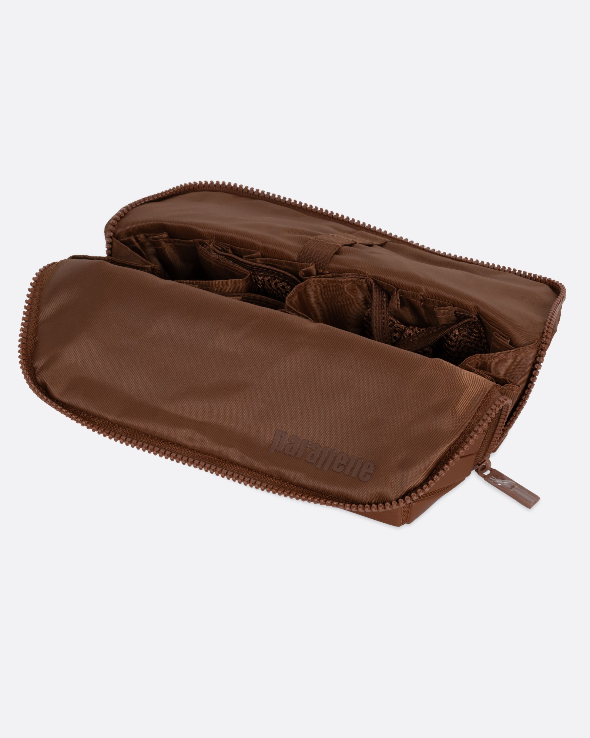 A brown textured rectangular pouch, shown from the side open.