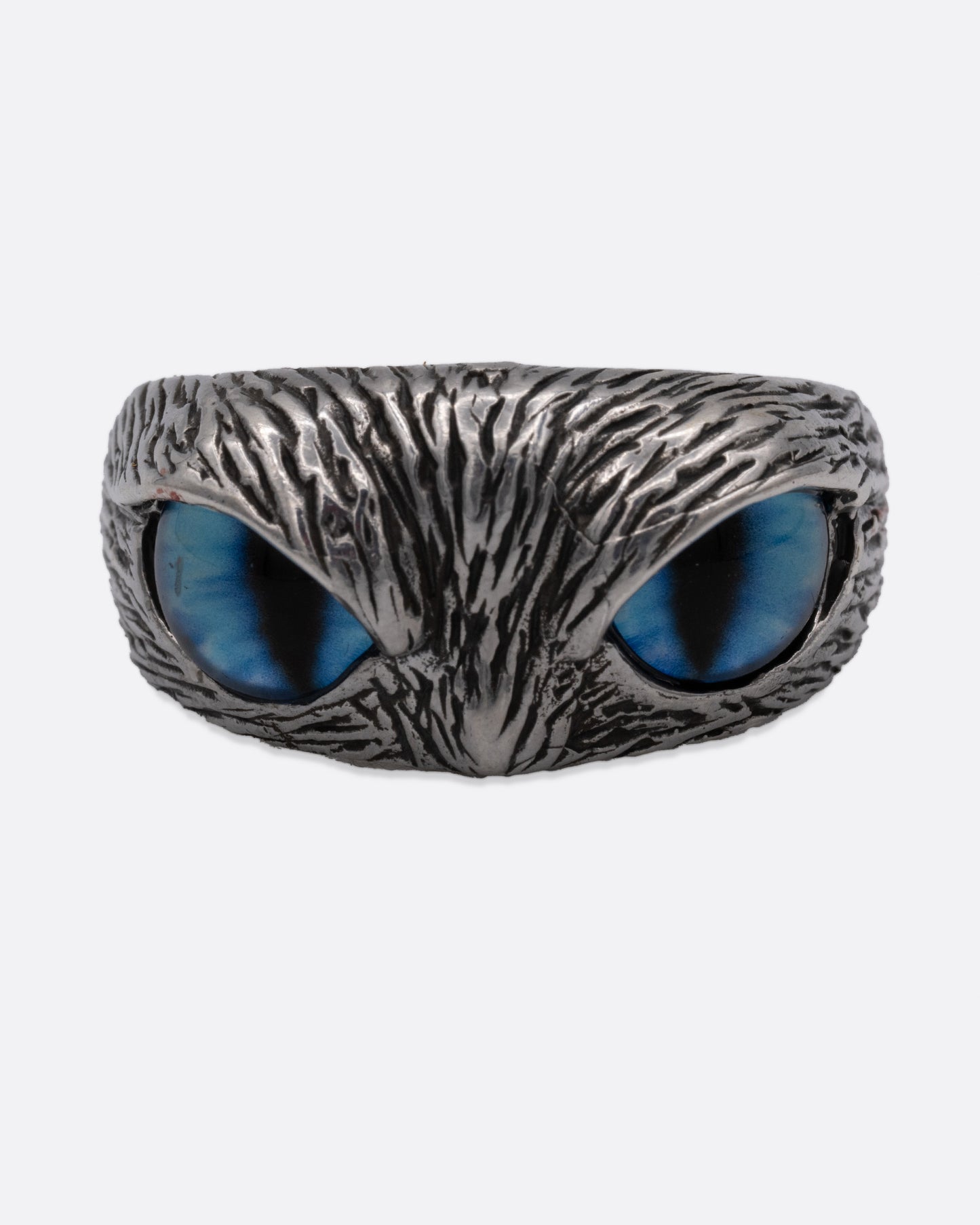 A silver ring with two blue glass eyes across the front. Shown from the front.