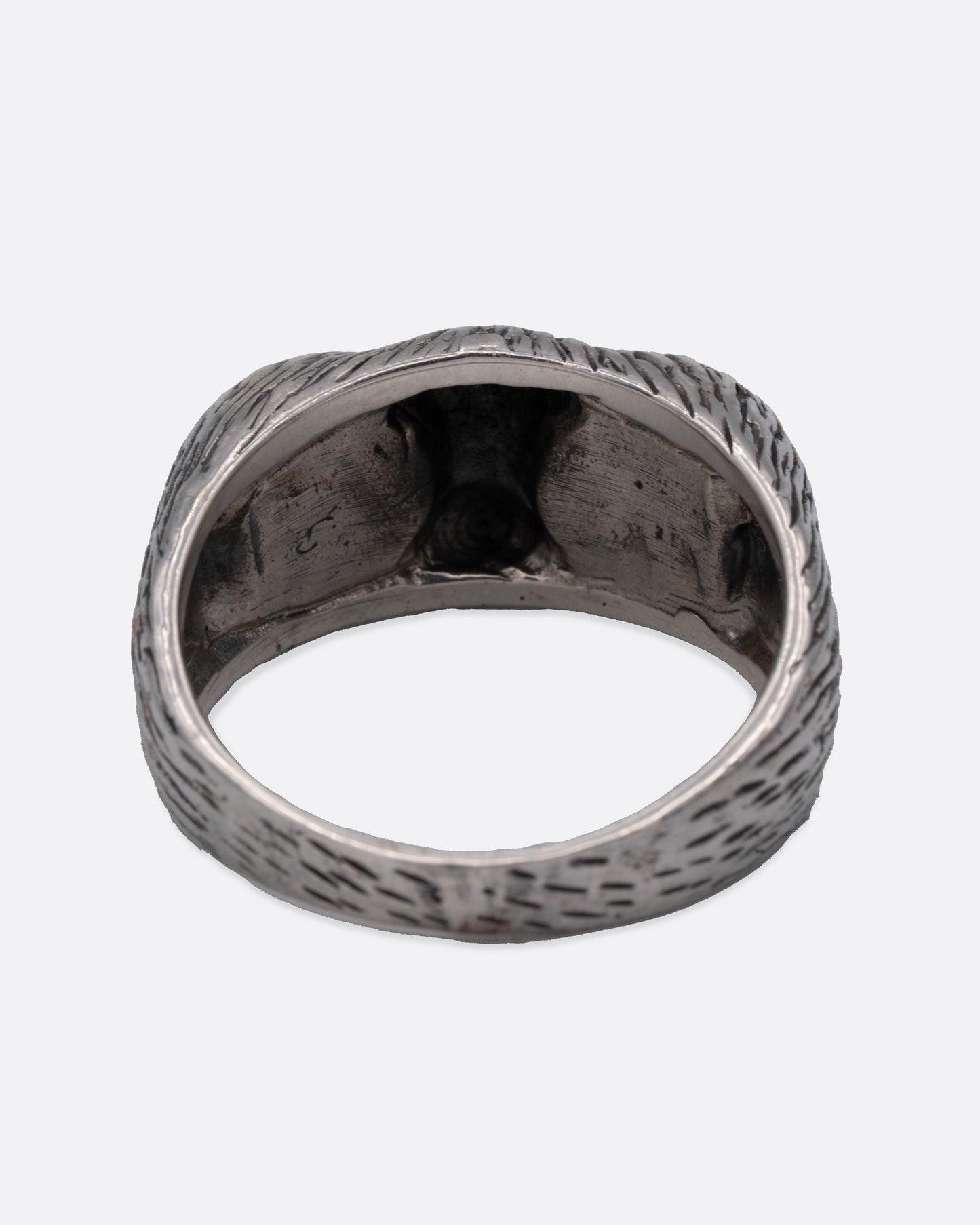 A silver ring with two blue glass eyes across the front. Shown from the back.