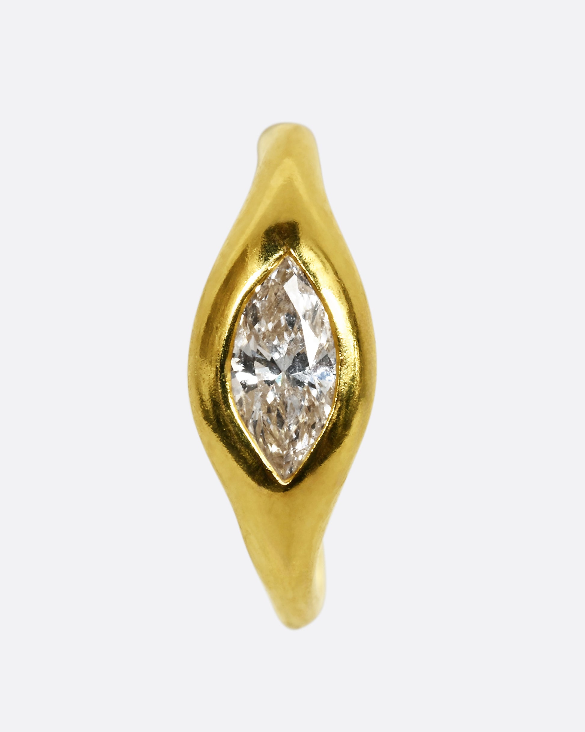 A yellow gold hoop earring with a marquis diamond, shown from the front.