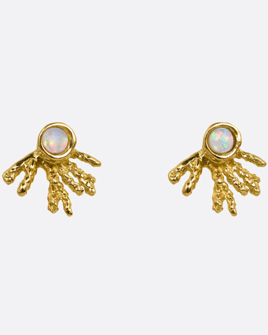 A pair of yellow gold stud earrings with tentacle-like tails and opals, shown from the front.