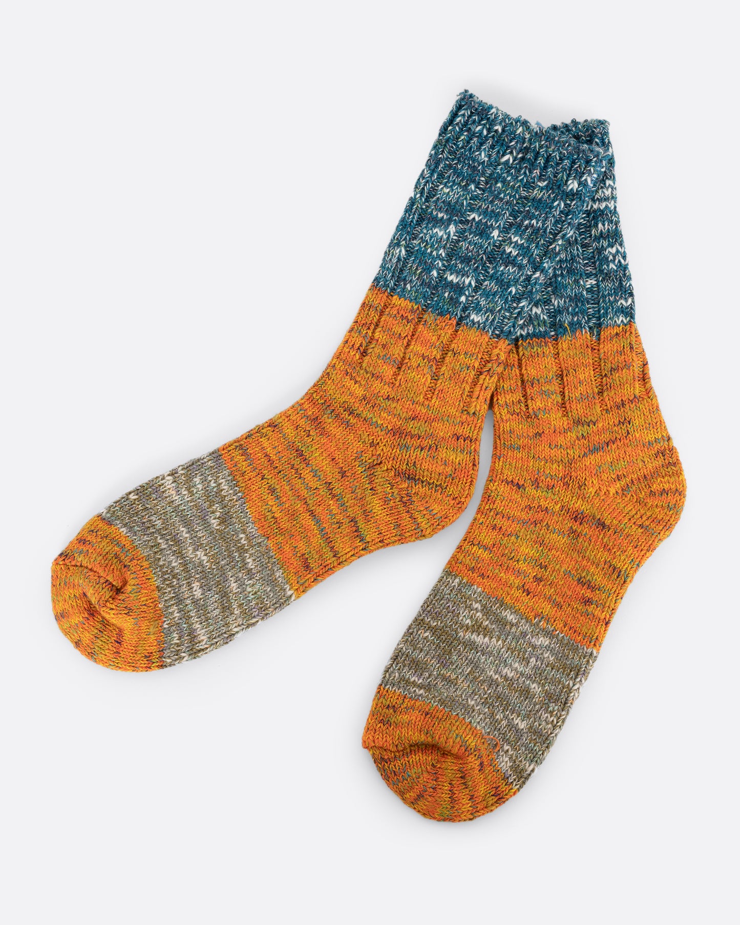 Orange and blue melange ribbed socks.