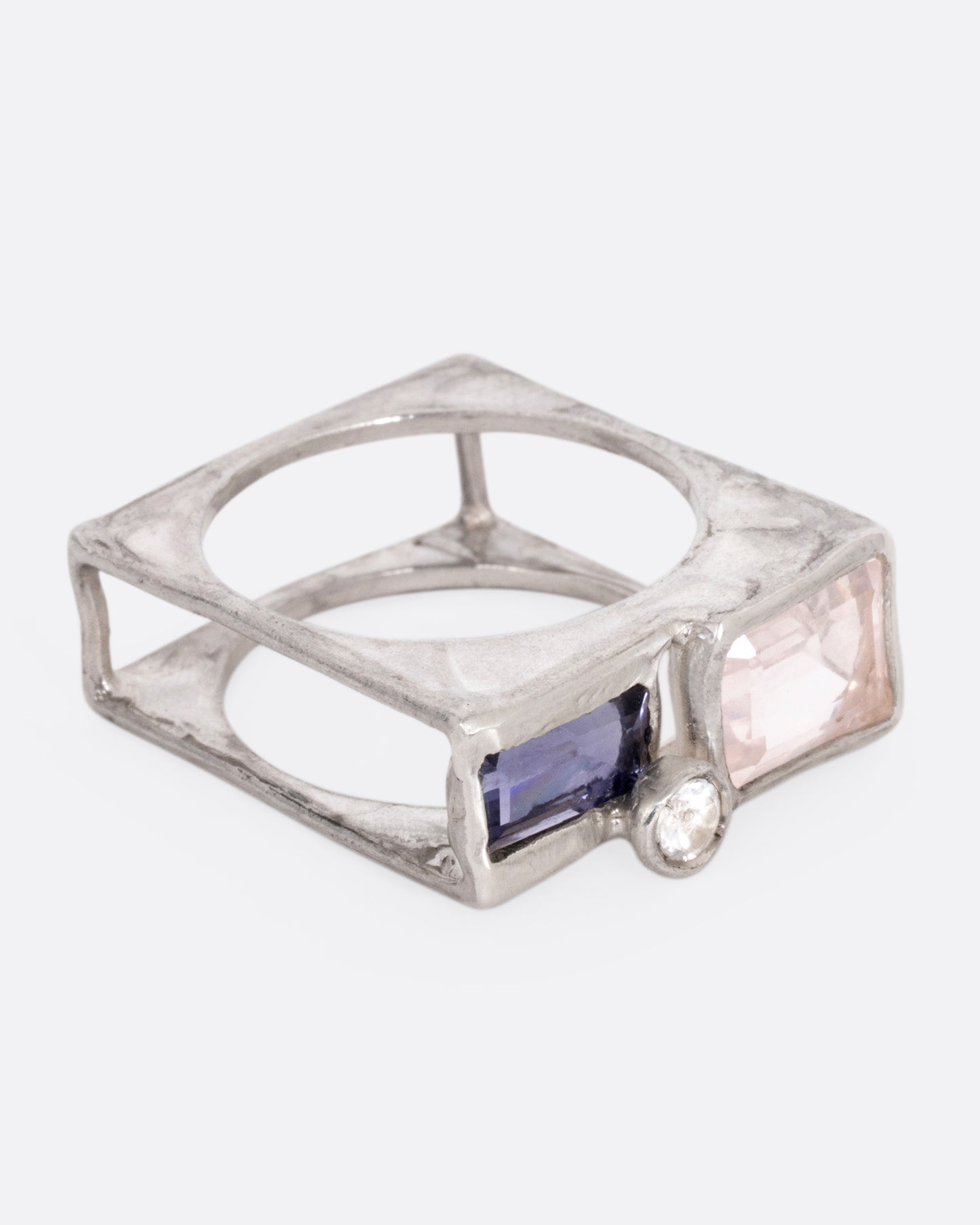 Quartz, Iolite and Topaz Square Cage Ring