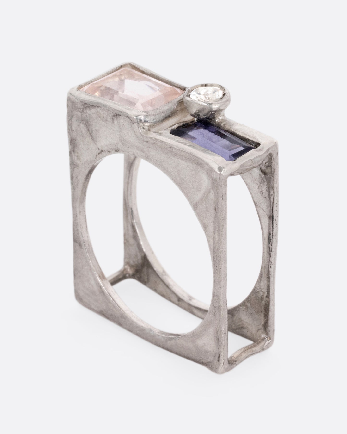 Quartz, Iolite and Topaz Square Cage Ring