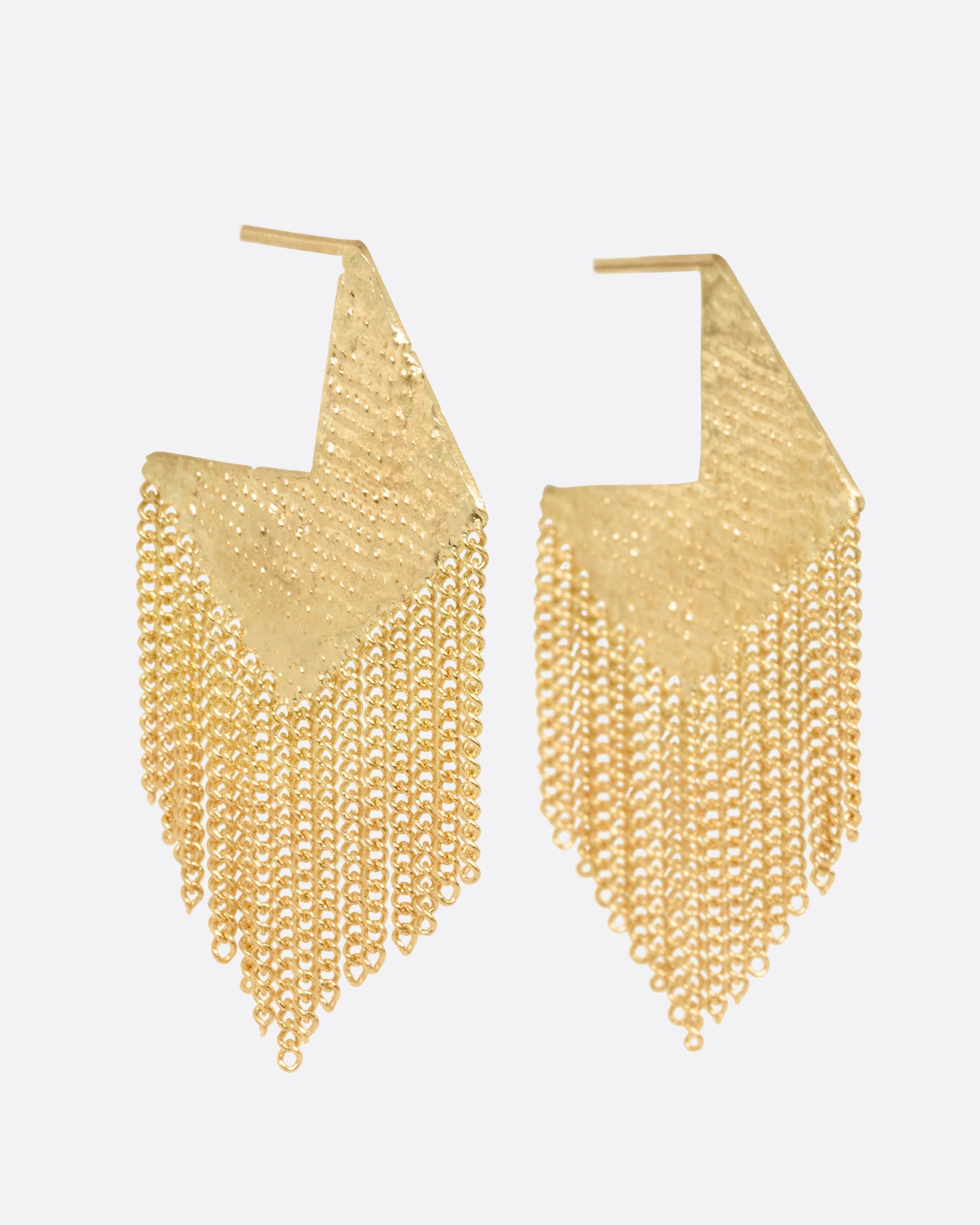 A pair of yellow gold stud back angular earrings with fine cable chain fringe, shown from the side.