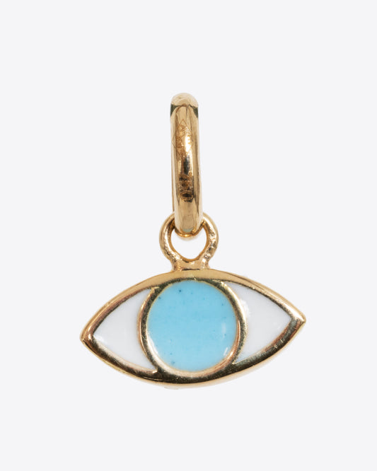 A yellow gold eye charm with turquoise blue and white. Shown from the front.