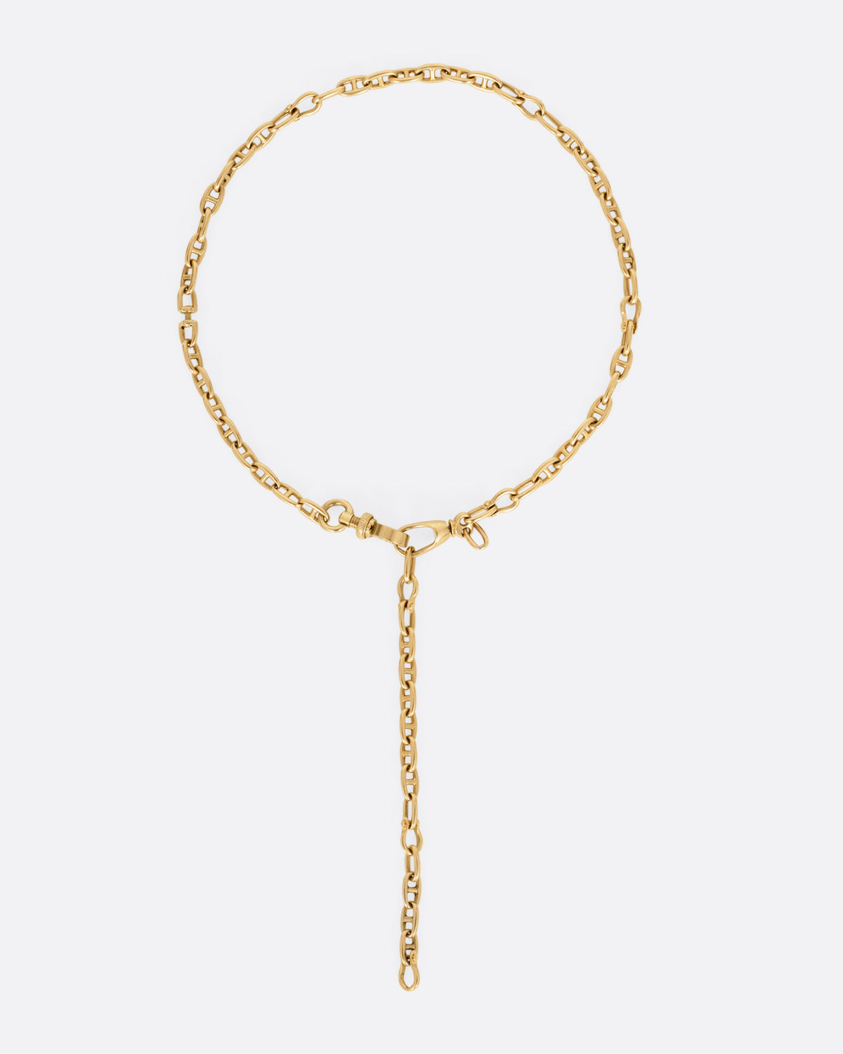 A rose gold mariner watch chain necklace, shown with the clasp in front.