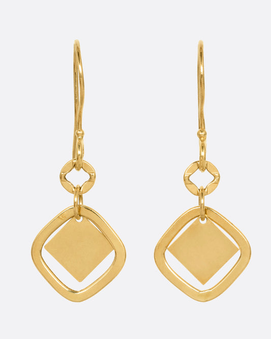 A pair of yellow gold drop earrings with diamond shaped dangles, shown from the front.