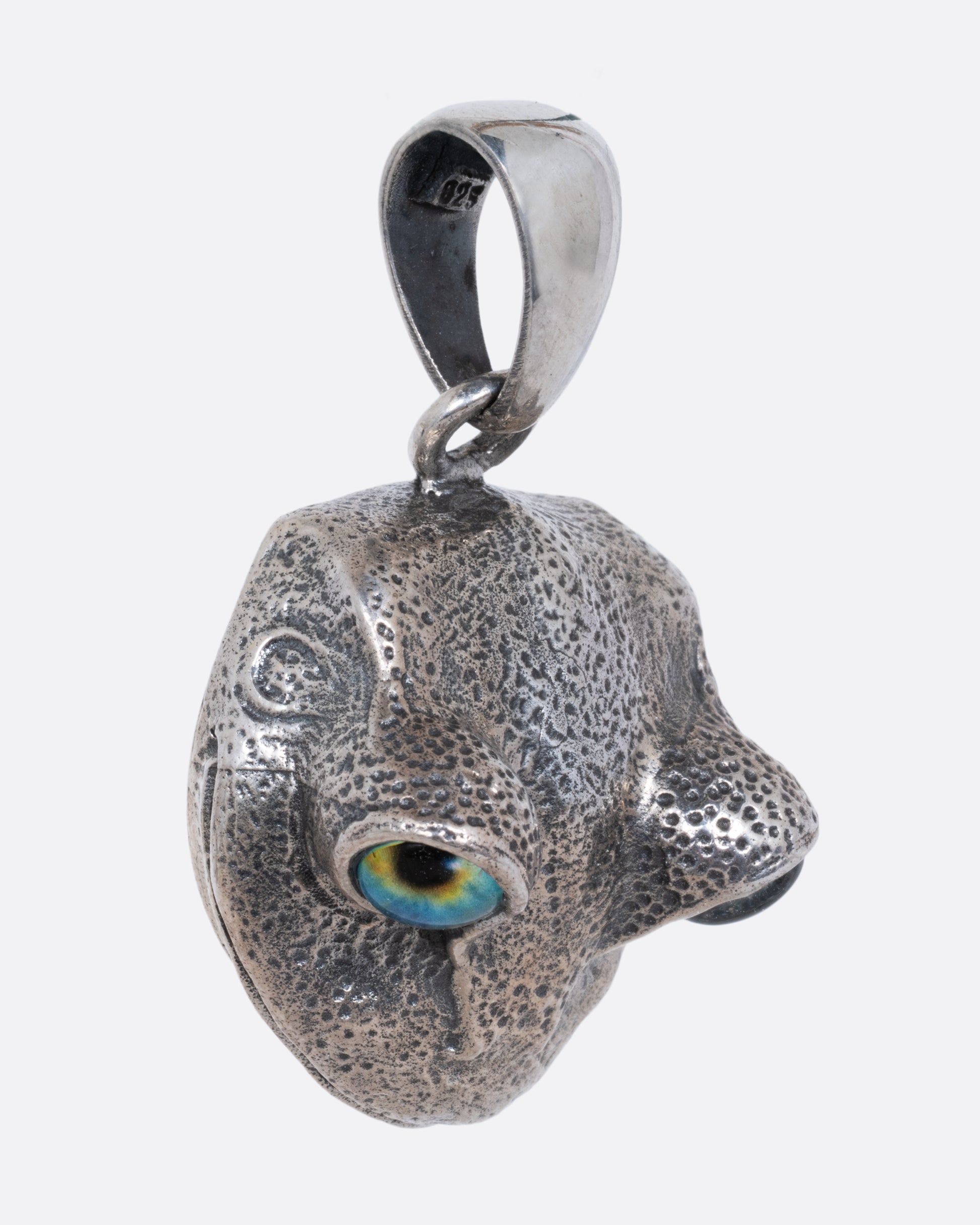 A silver frog head pendant with blue and yellow eyes, shown from the side.