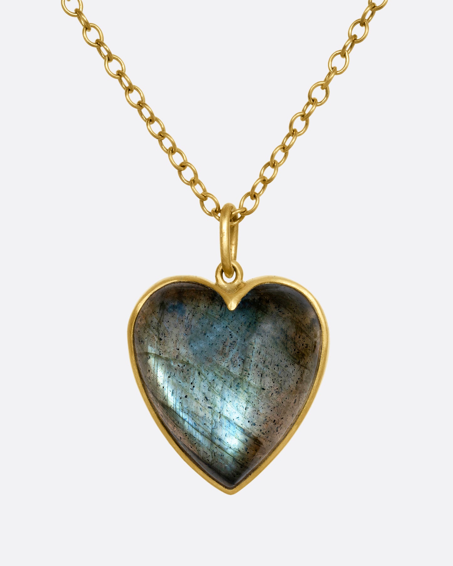 yellow gold necklace with a labradorite heart pendant shown from the front