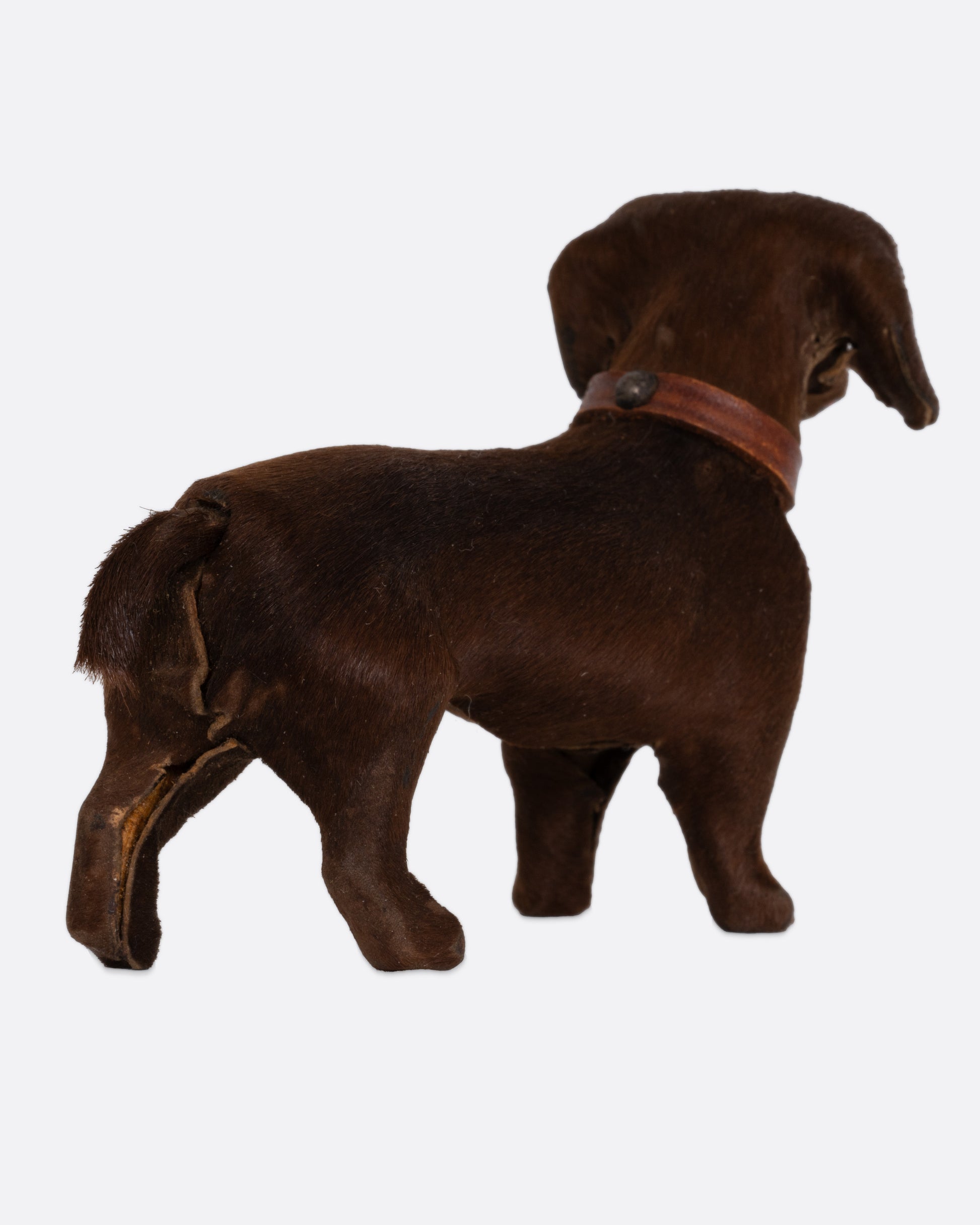 A hand carved brown dachshund with a collar, shown from the back.