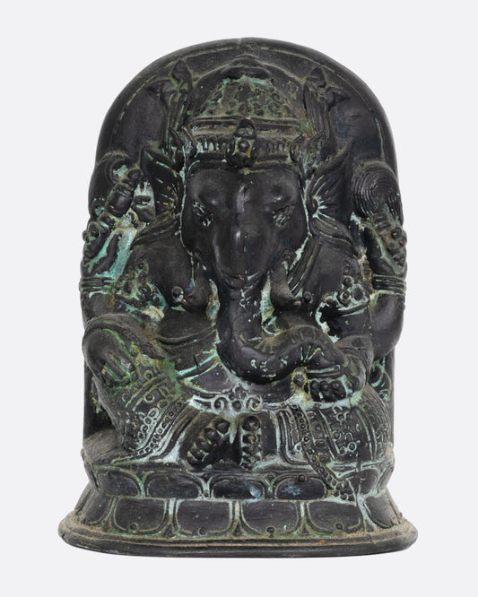 A bronze Ganesha sculpture, shown from the front.
