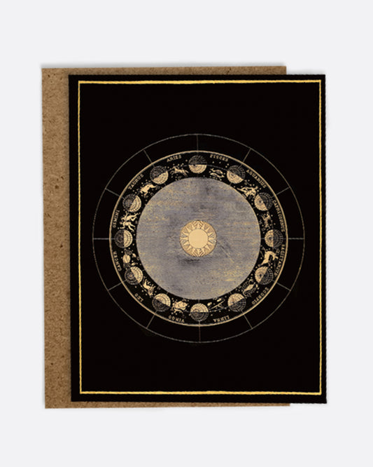 A black paper greeting card with a gold lunar calendar and the corresponding zodiac signs the front, a blank white interior, and a kraft paper envelope.