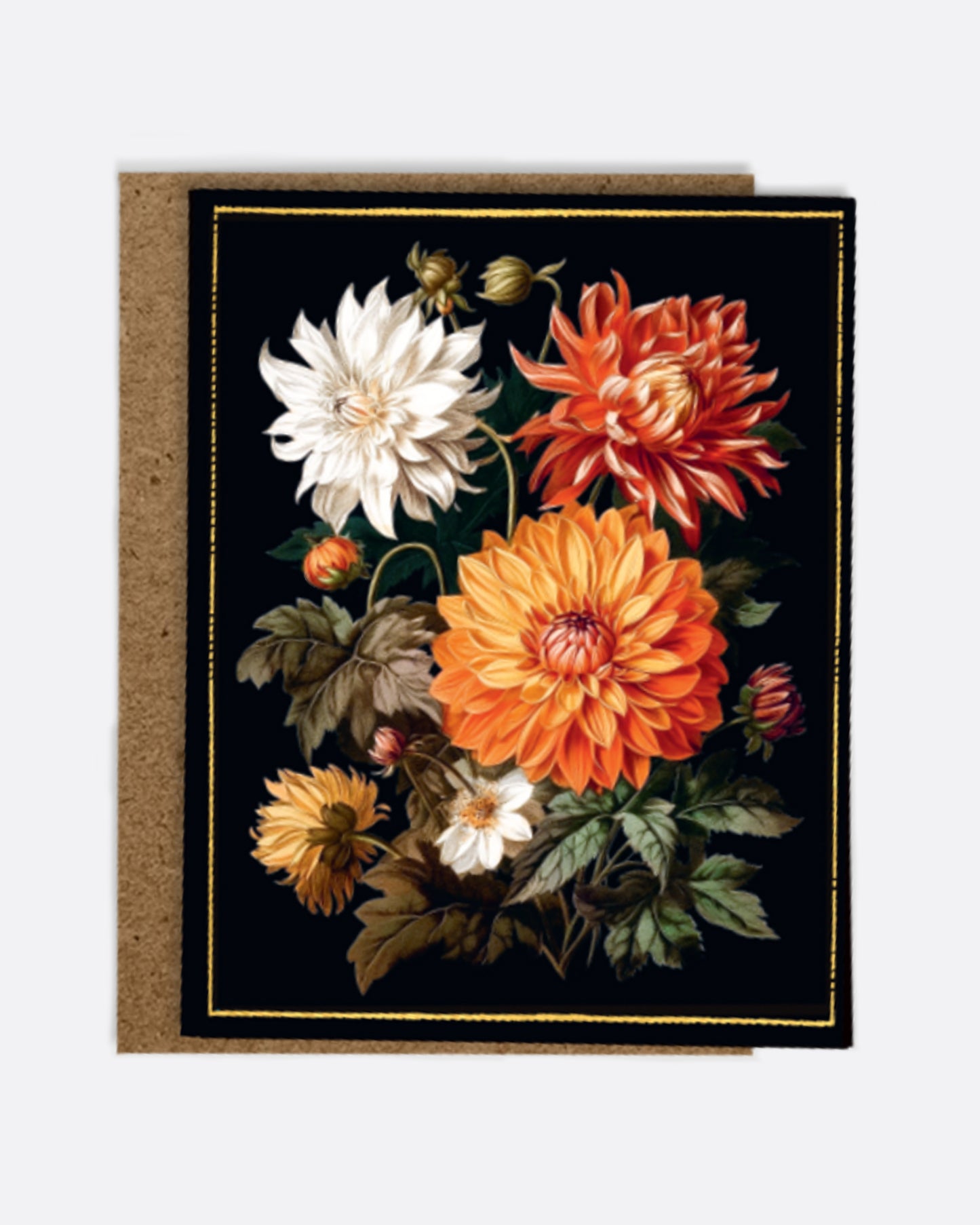 A black paper greeting card with a bouquet of red and orange dahlias on the front, a blank white interior, and a kraft paper envelope.