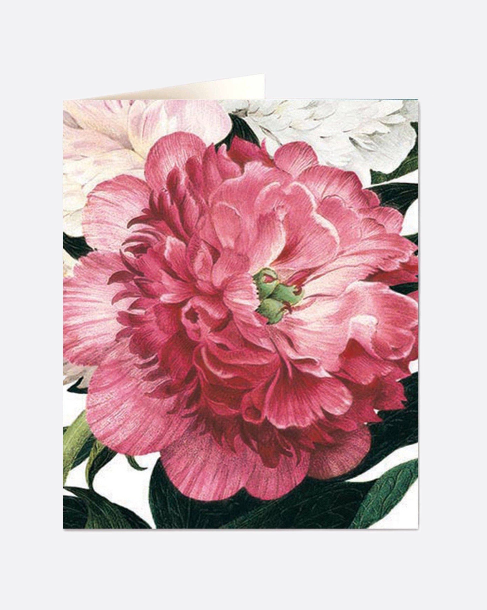 A greeting card with a large pink peony flower on the front and a blank interior.