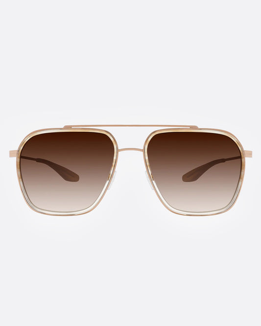 A pair of gold-framed aviator sunglasses with brown gradient lenses, shown from the front.
