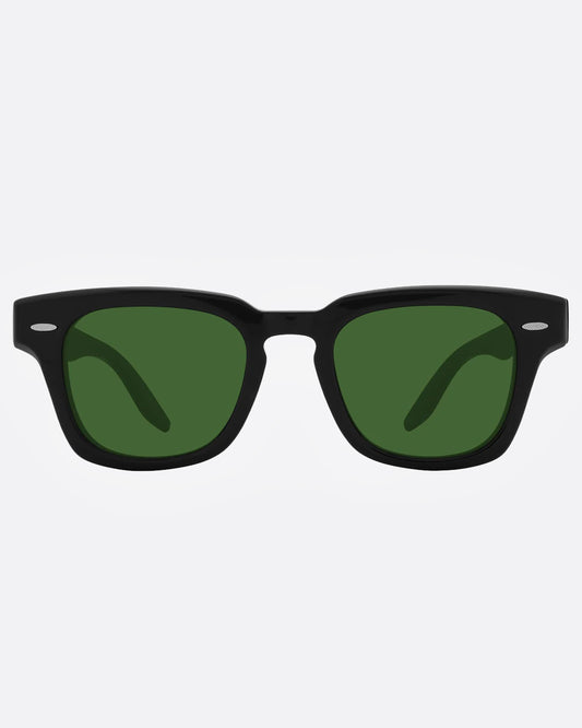 A pair of black sunglasses with green lenses, shown from the front.