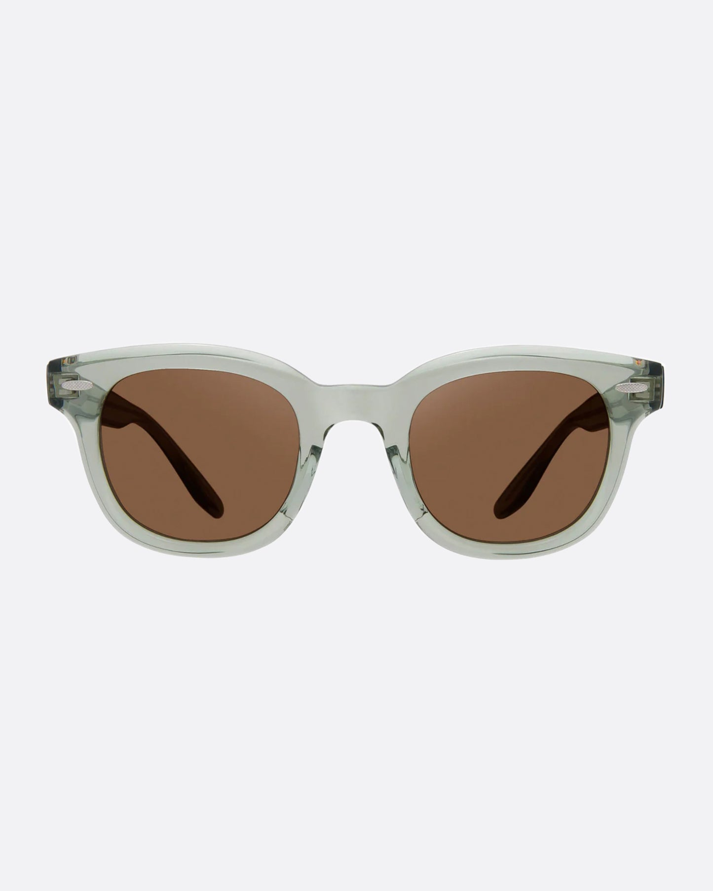 A pair of grey-green acetate wayfarer sunglasses with brown lenses.