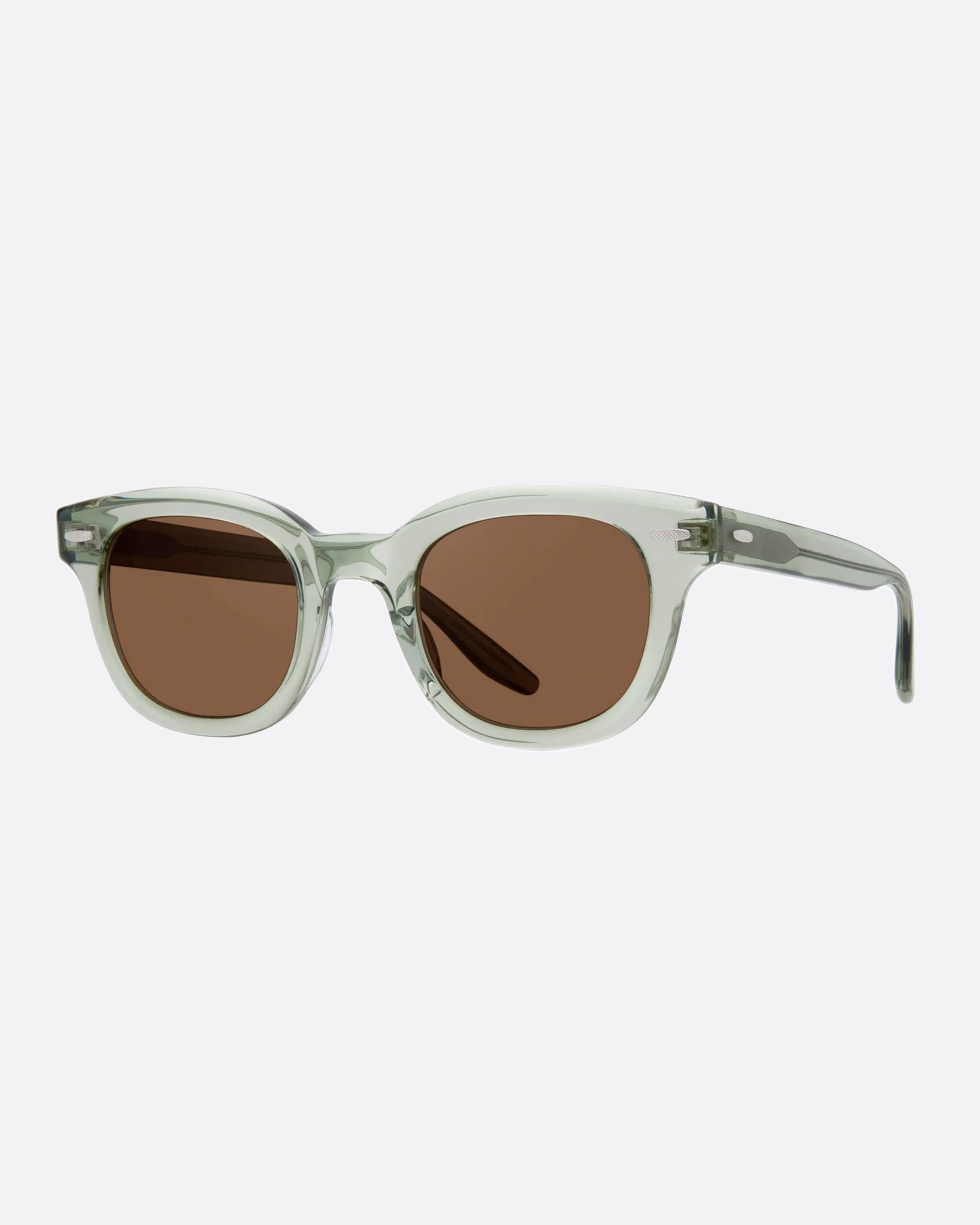 A pair of grey-green acetate wayfarer sunglasses with brown lenses. Shown from the side.