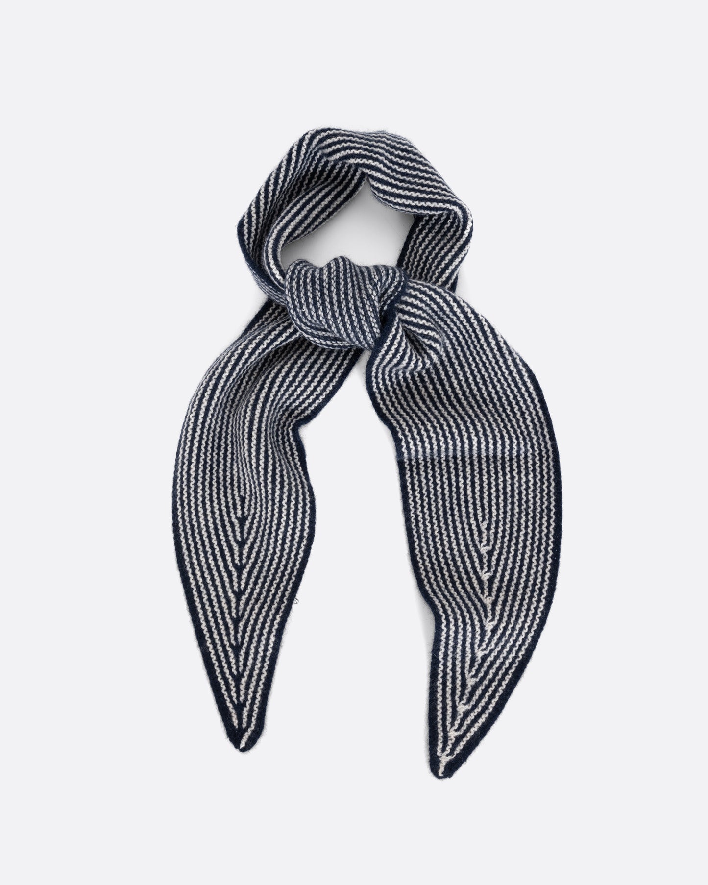 A navy striped cashmere scarf, shown tied and laying flat.