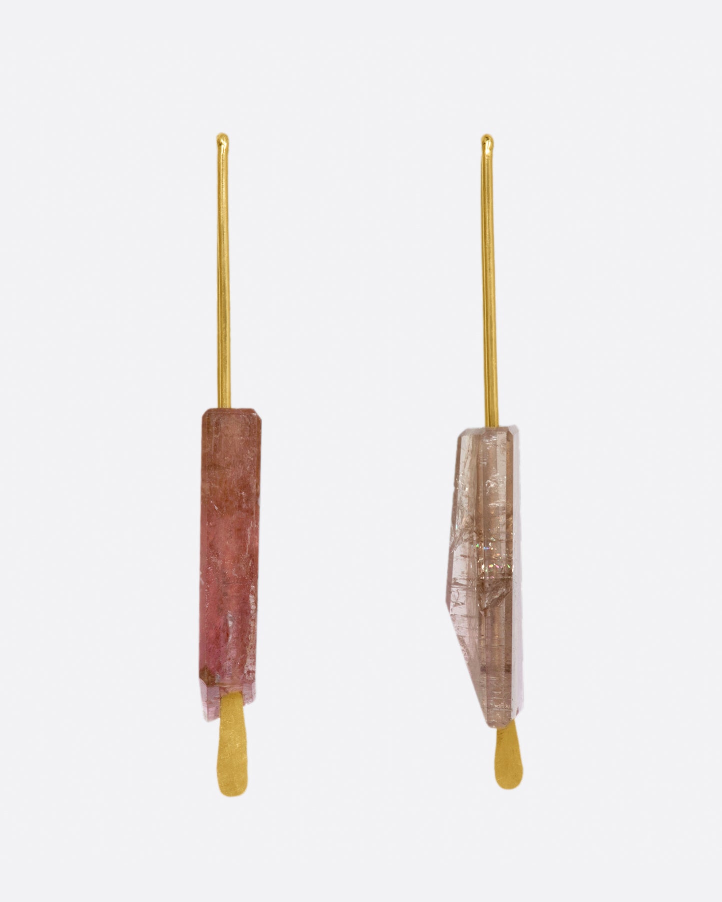 Yellow gold rectangular hook earrings with a single light pink tourmaline on each. View from the front, straight on.