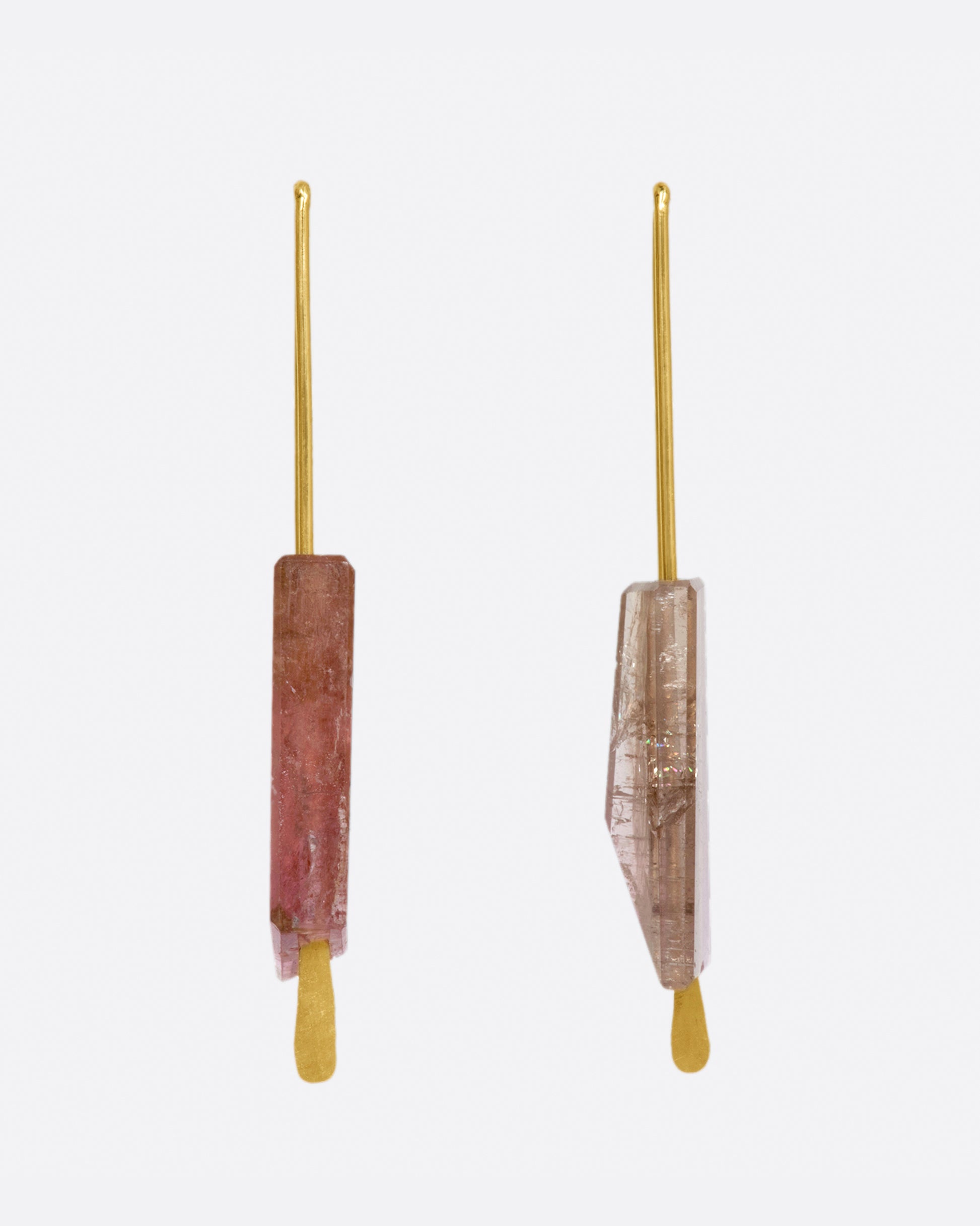 Yellow gold rectangular hook earrings with a single light pink tourmaline on each. View from the front, straight on.