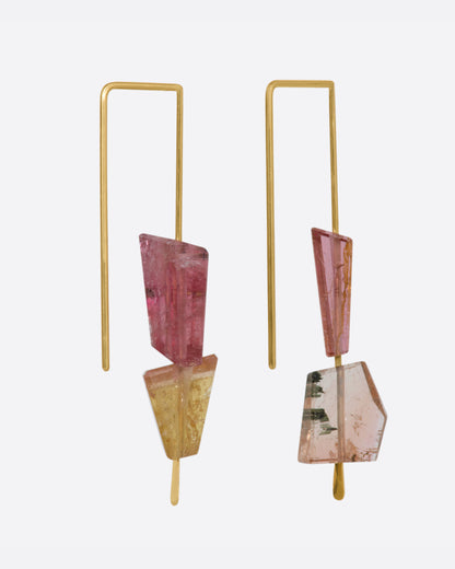 Gold hook earrings with pink tourmaline slices, the pair showing the full hook shape