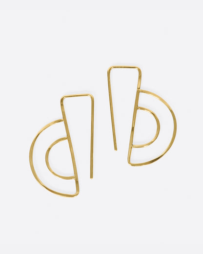 Christine Fail small Parallel hook earrings in Fairmined gold, a hammered wire bent into half circles and straight lines
