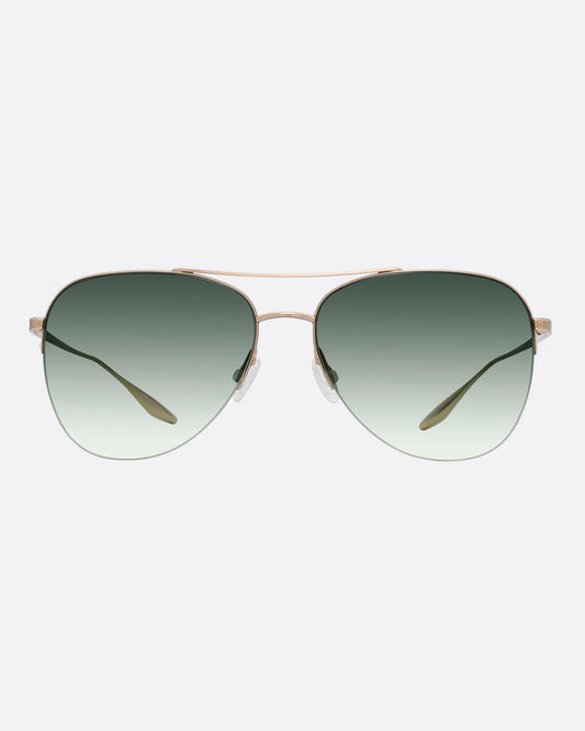 A pair of aviator sunglasses with gray gradient lenses. Shown from the front.