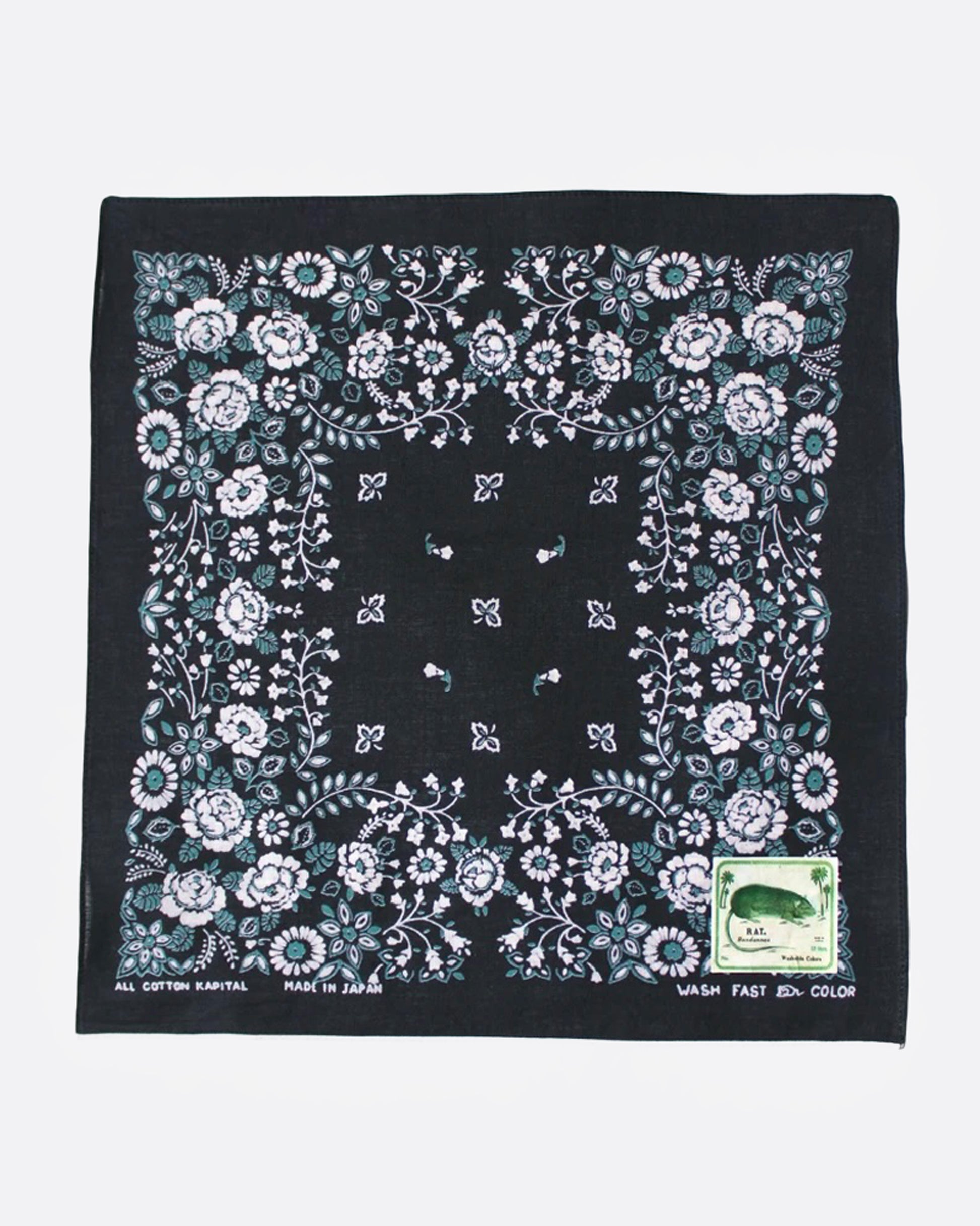A black bandana with a floral pattern, shown from the front.