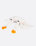 A white plushie crab with orange claws.