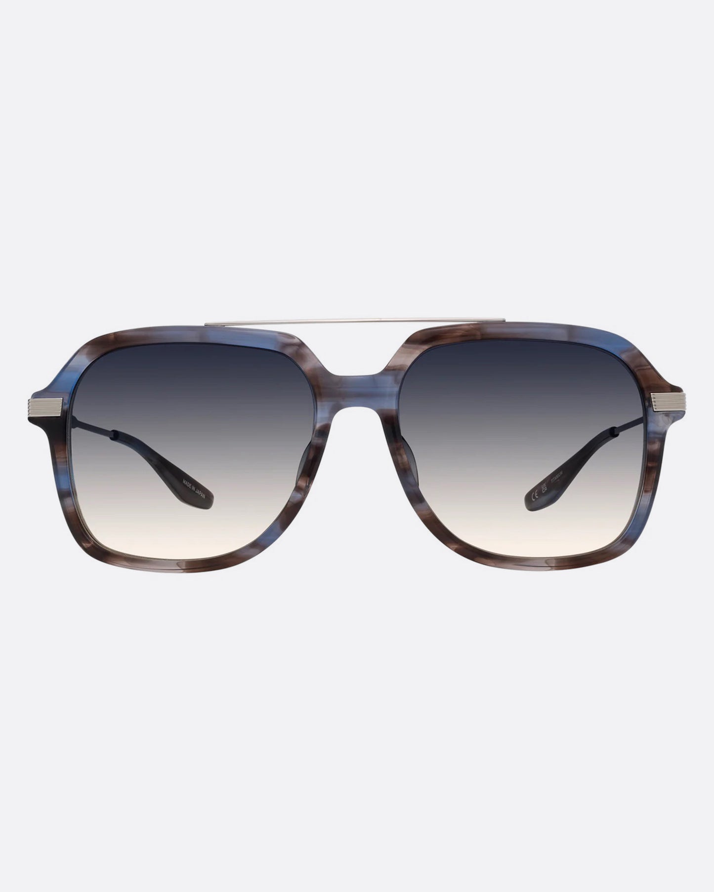 A pair of navigator sunglasses  with pearly blue and silver structured frames and gray gradient lenses. Shown from the front.