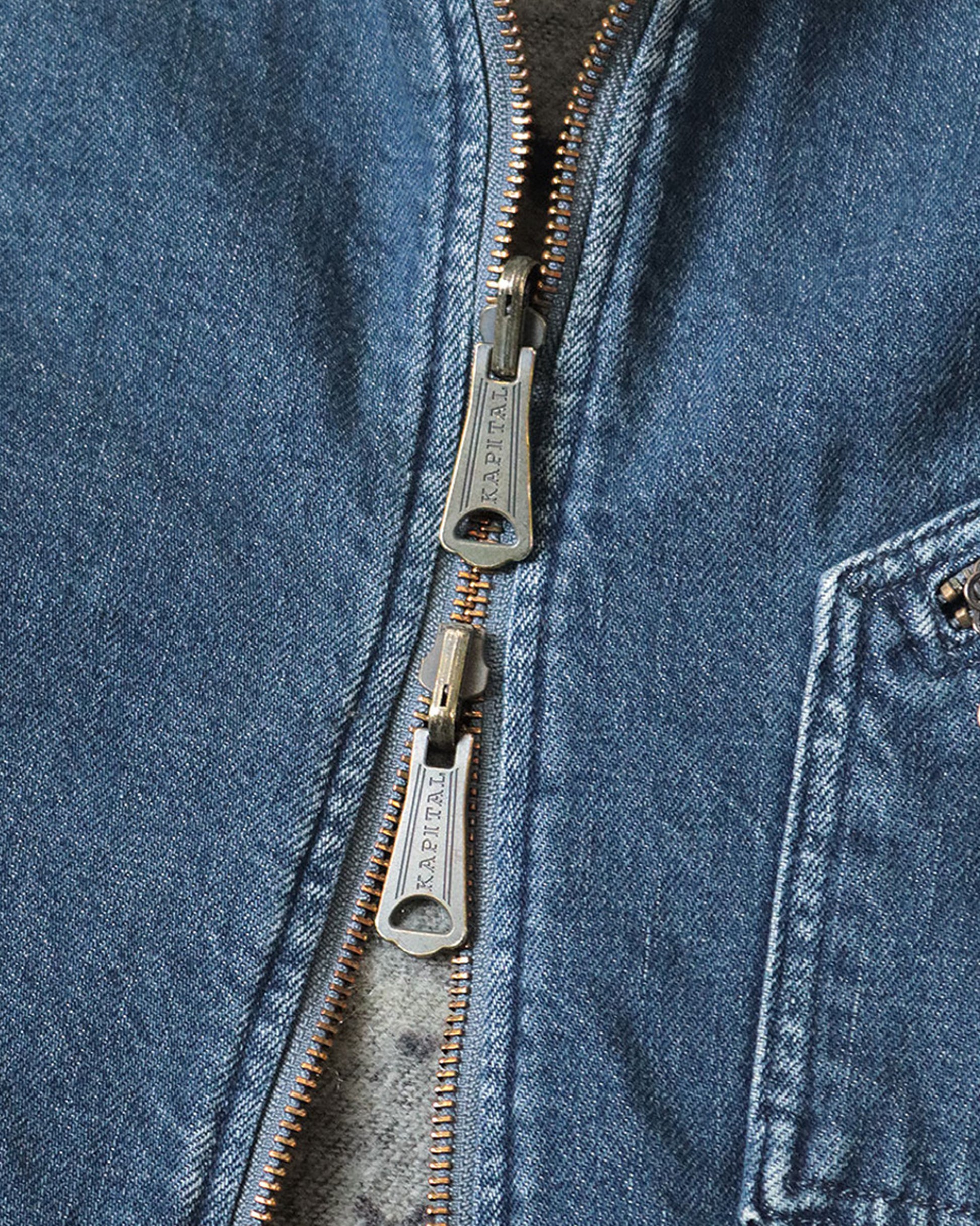 Close-up of a zipper on a blue denim jacket.