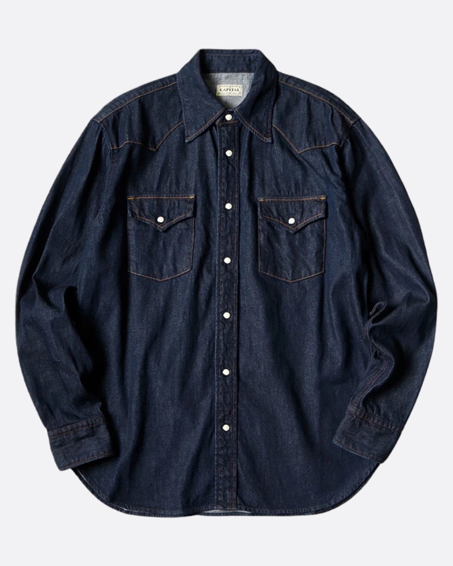 A Western shirt in deep indigo denim, shown from the front.
