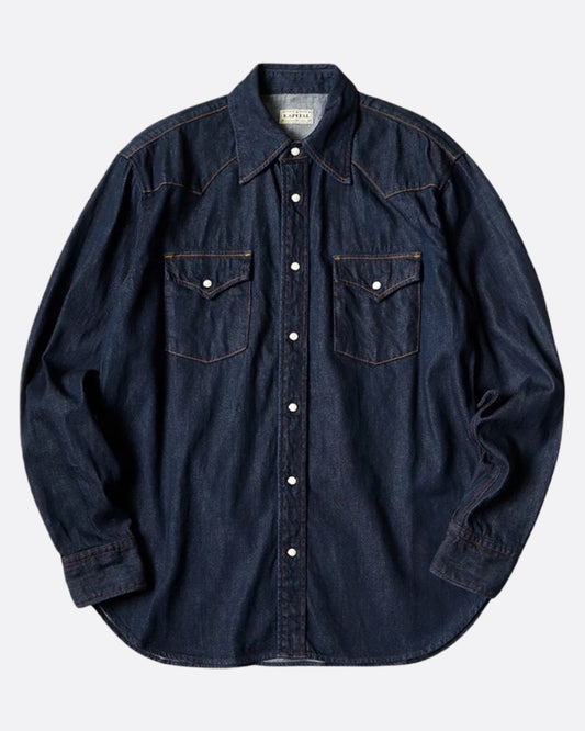 A Western shirt in deep indigo denim, shown from the front.