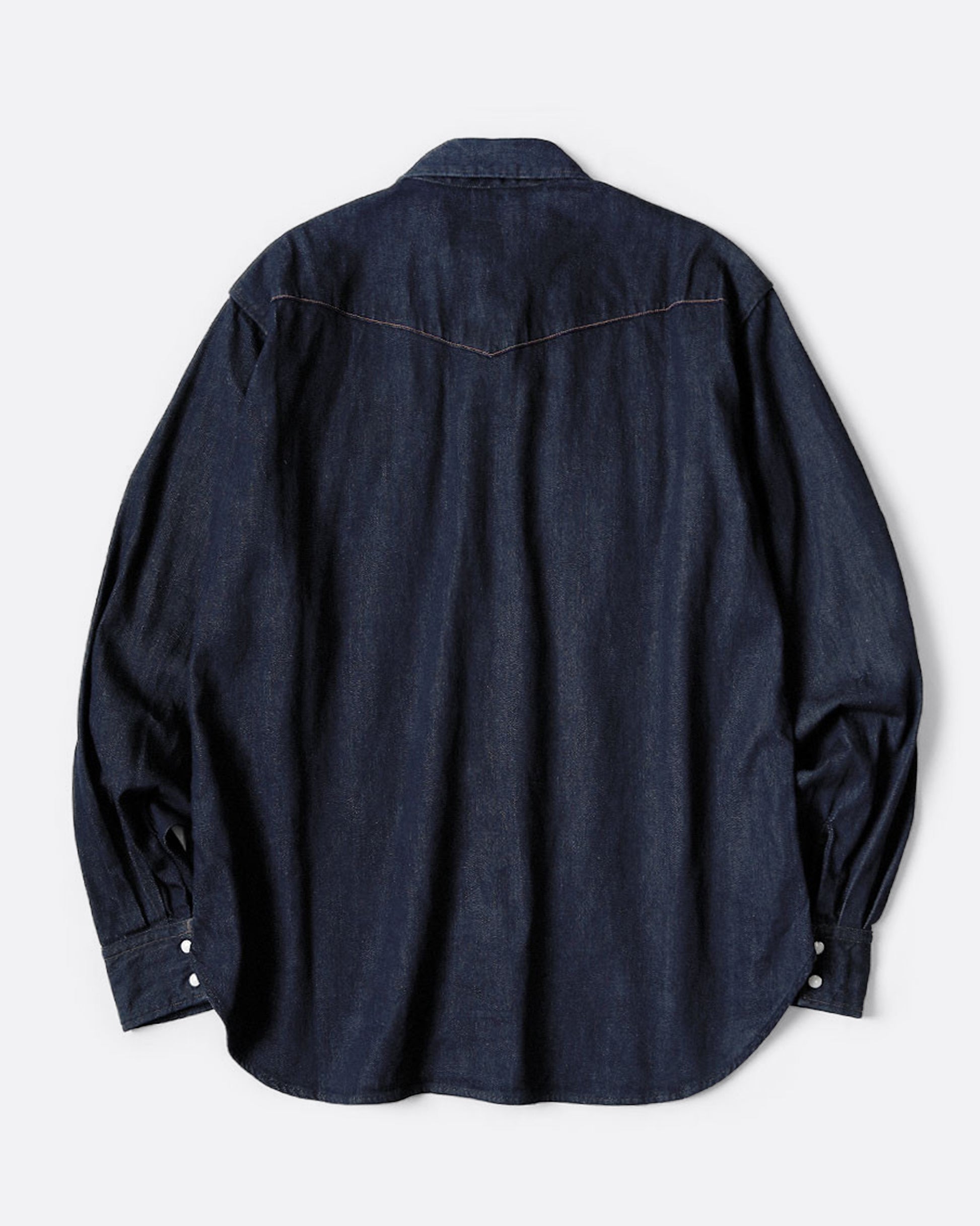 A Western shirt in deep indigo denim, shown from the back.