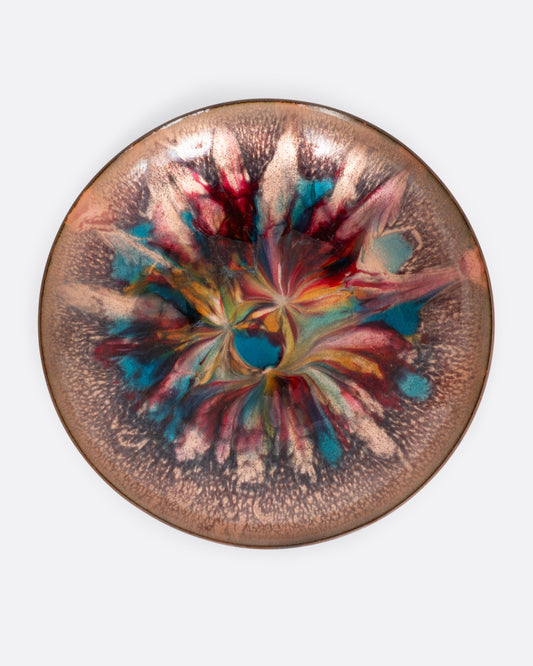 Small multicolor enamel plate. View of abstract design. 