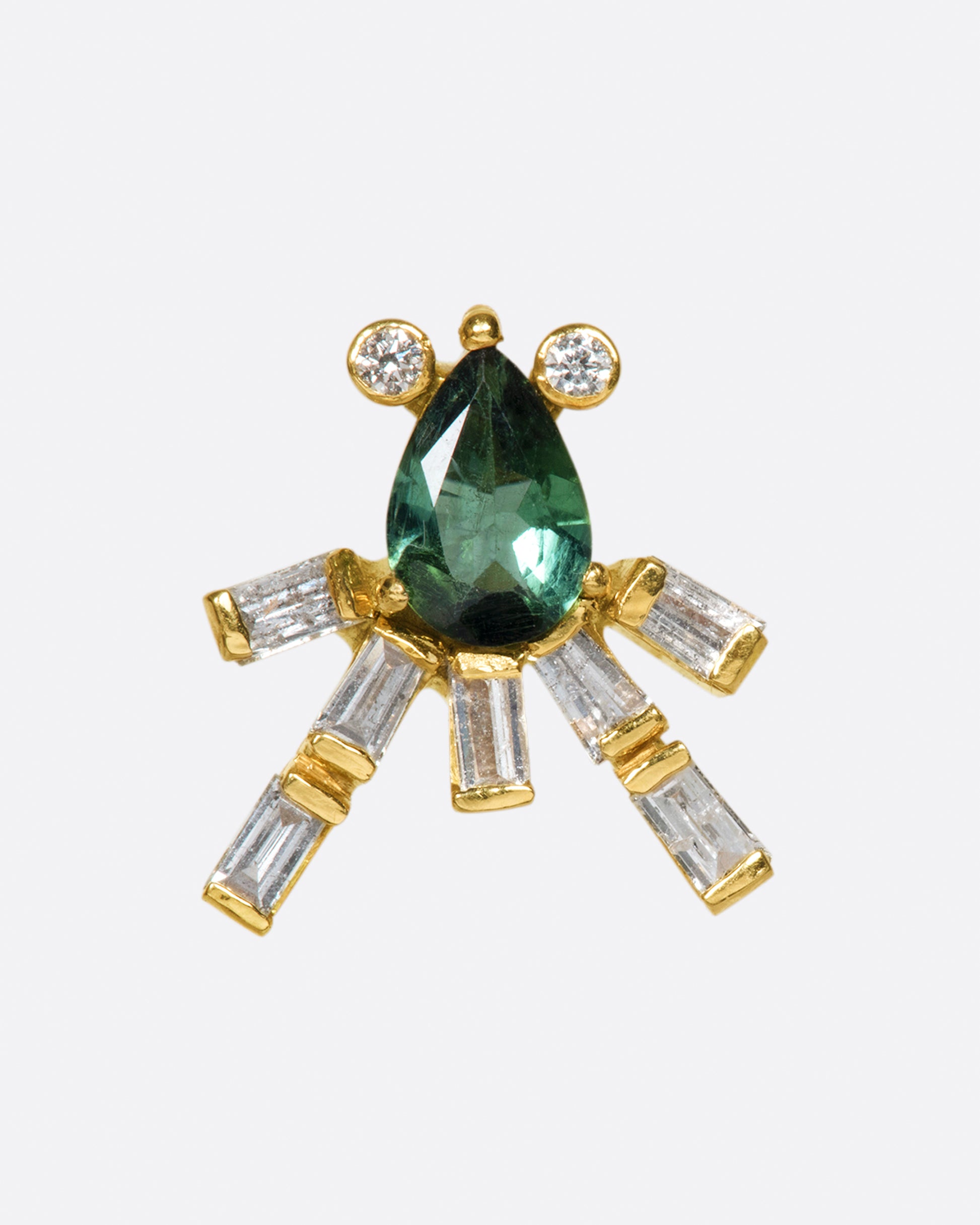 This gorgeous green tourmaline earring is swimming with sage and rich forrest green tones. Round diamond accents and glimmering baguettes light up beneath your lobe, creating an elegant, regal look.