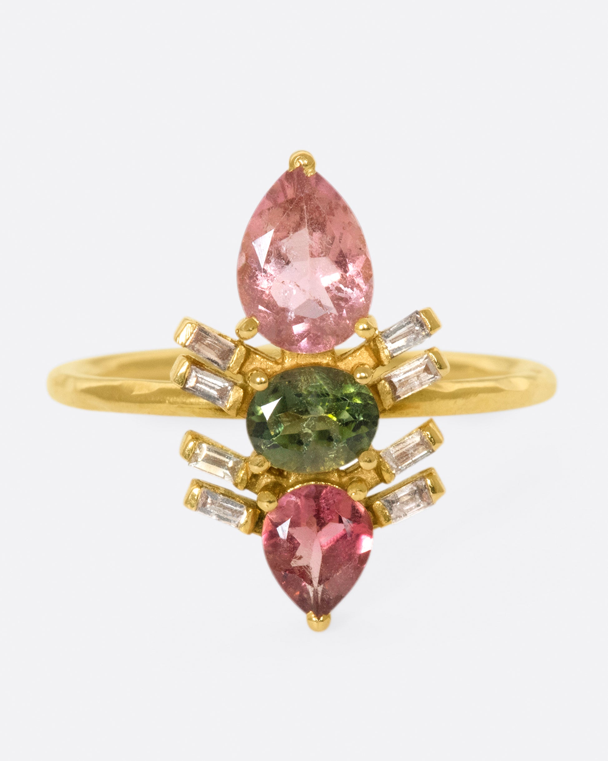 A garden-inspired pink and green tourmaline ring with baguette accents