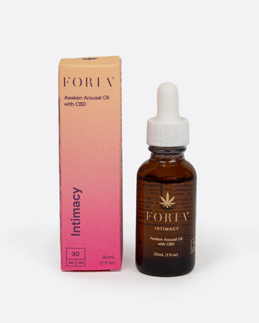 Foria CBD Awaken Arousal Oil bottle standing next to the box.