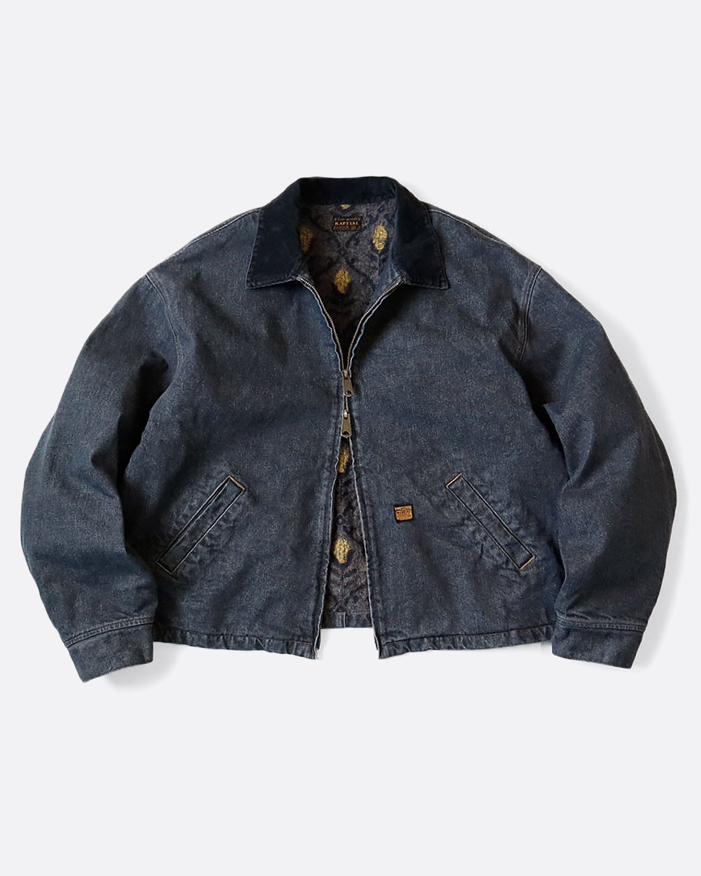 A dark blue denim bomber jacket with a corduroy collar and two front pockets. View from the front, open with the lining visible.