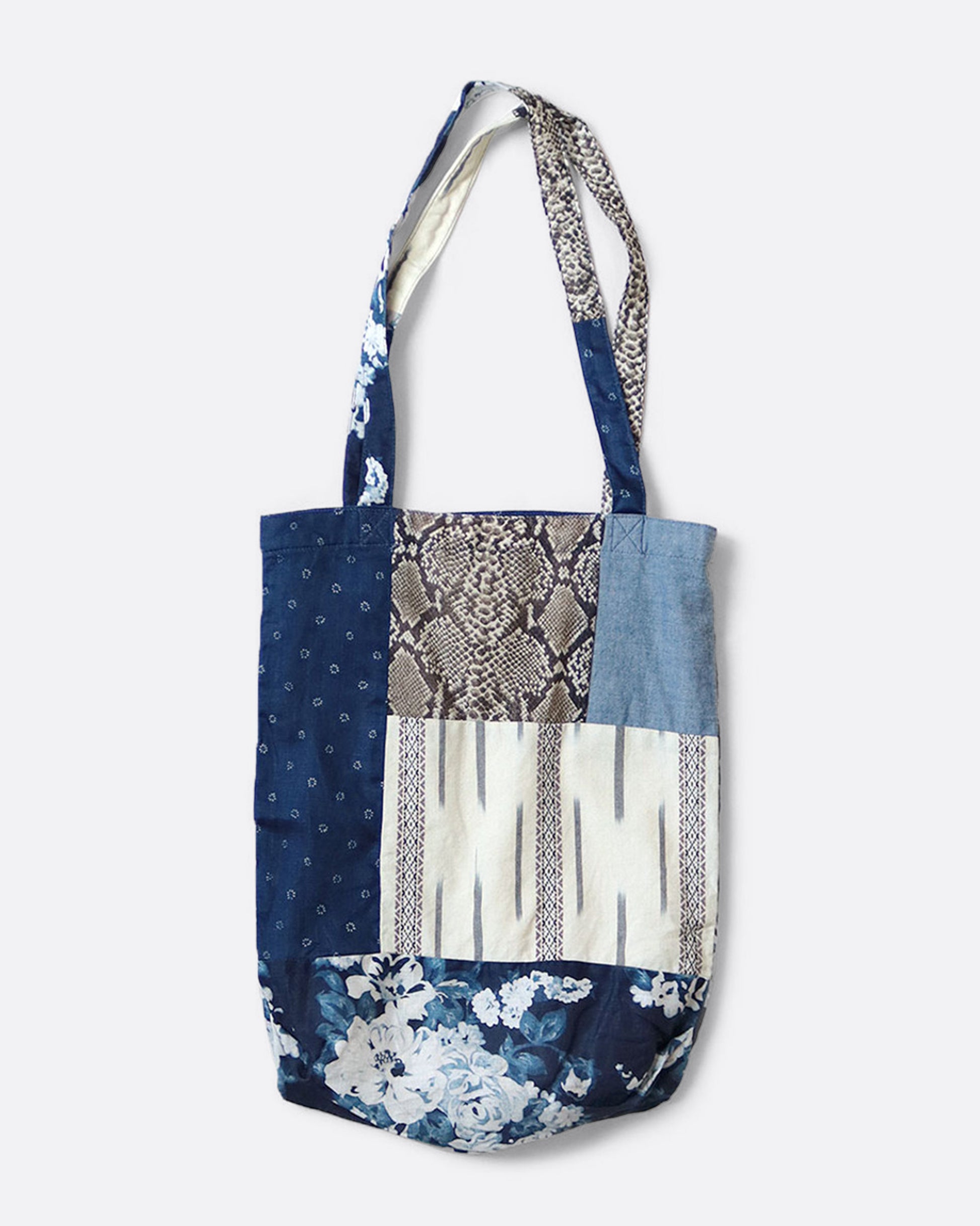 A patchwork tote bag shown from the front.